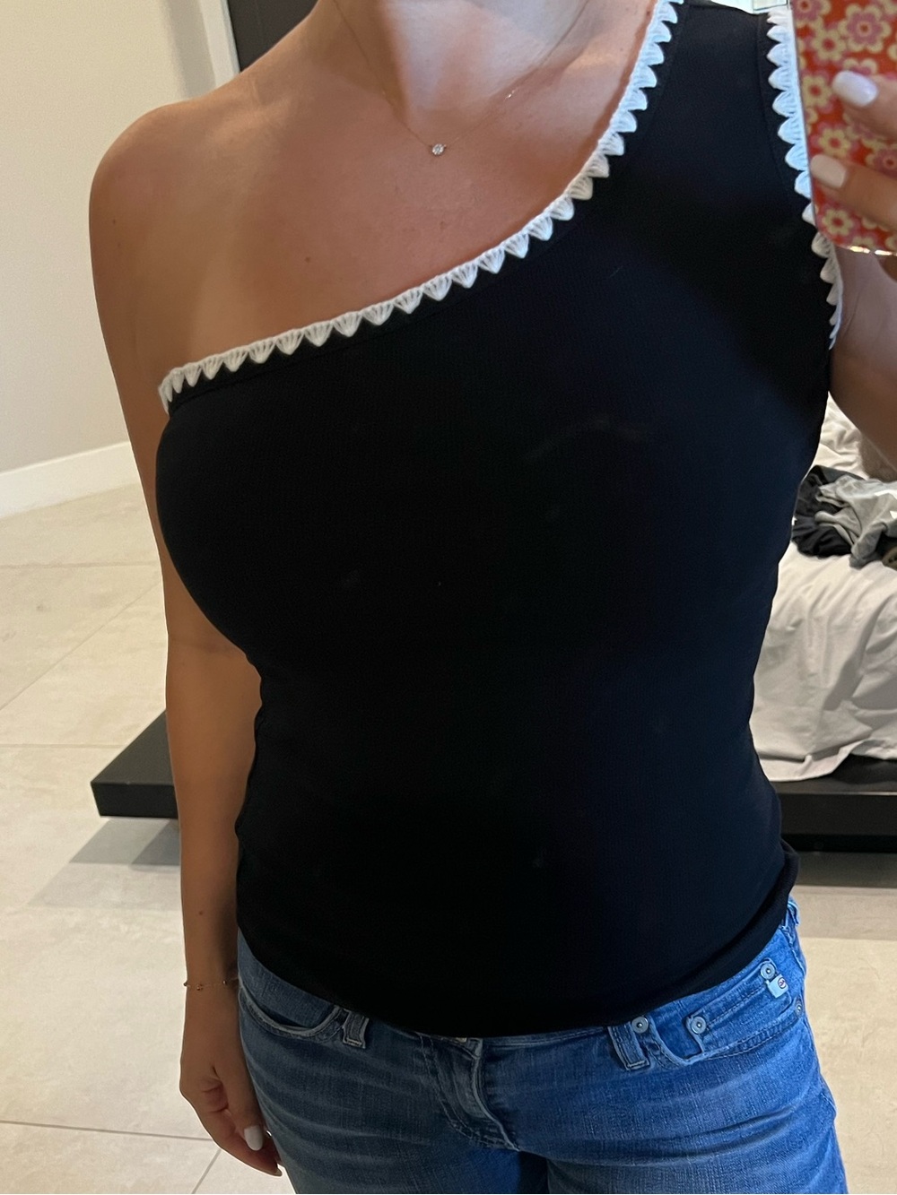 Commense One-Shoulder Black Tank with White Trim
